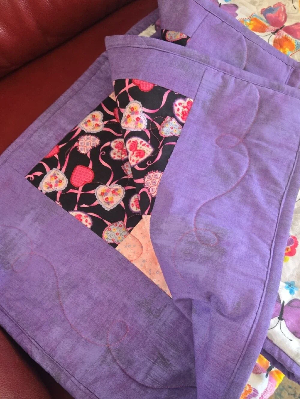 Handmade Patchwork Quilt in Pink and Purple With Butterflies On Reverse Side